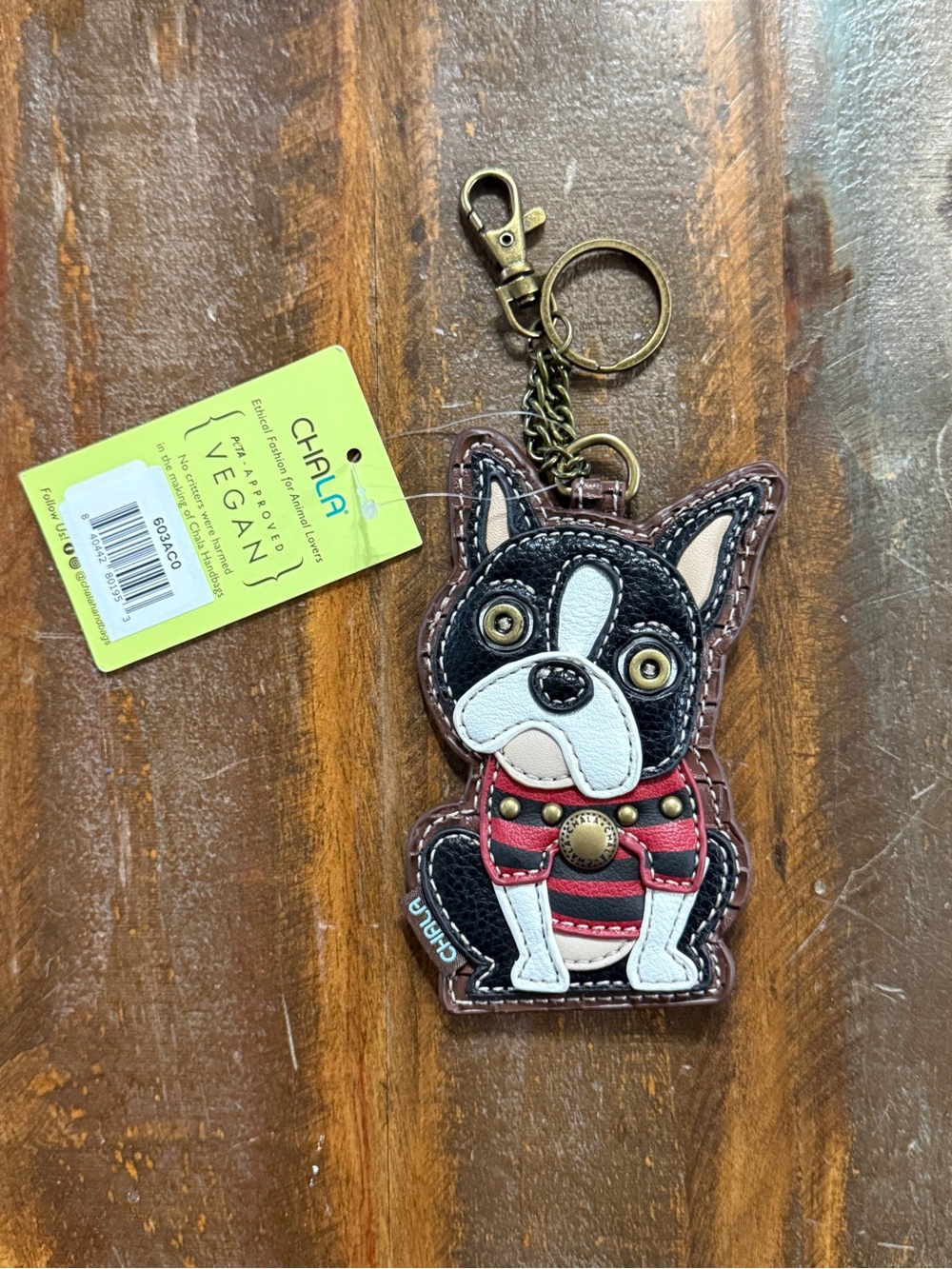 CHALA Boston Terrier Vegan Leather Coin Purse Bag Charm Keychain NWT